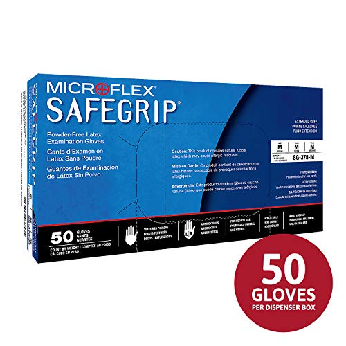 Microflex SG-375 Disposable Latex Gloves Medical / Exam Grade, Long Cuff, Thick Powder Free Glove in Natural Rubber for Cleaning, Sanitary or Mechanic Tasks, Blue, Size Medium, Box of 50 Units - Thumbnail 3