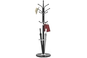 Durmmur Metal Coat Rack Freestanding, Coat Hanger Stand With Natural Marble Base, Standing Coat Rack With Umbrella Holder, Hall Tree With 12 Hooks For Clothes, Hats, Scarves, Entryway(Black)