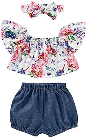MISSWongg Baby Girls Outfits,Newborn Three-Piece Suit Outfits Infant Ruffled BacklessTop Floral Print Vest T-Shirt with Hairband Denim Loose Shorts