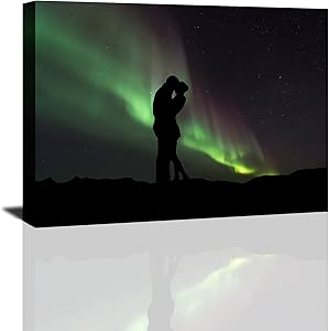 Lovers Canvas Wall Art Couple Kissing in Aurora Borealis, Modern Romantic Love Wall Decor Northern Lights, Romance Canvas Wall Art for Living Room Bedroom Wall Decor Ready to Hang