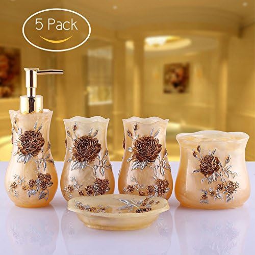 wonbye 5 Piece Beige Resin Bathroom Accessories Set / Toothbrush Holder, Lotion Dispenser, Soap Dish &amp; Tumbler
