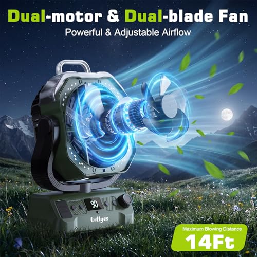 Lolleys Ventilateur Brumisateur de Camping 20000mAh, Ventilateur Portable Rechargeable avec Télécommande, Double Moteur, Crochet 360°, Vitesse Variable pour Extérieur Pêche Camping-car Plage, Green