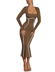 Lrady Women's Sexy Square Neck Bodycon Midi Dresses