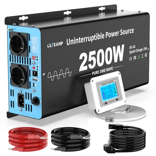 OLTEANP 2500W Pure Sine Wave Inverter with UPS Function and Network Priority Voltage Converter 12 V to 230 V LCD Screen Remote Control for Home Automation and Office Sump Pump