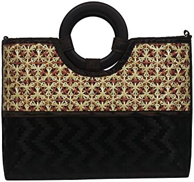 Nature Purse Summer Rectangle Bamboo Top Handle Bag with Upper Rectangle Part has Woven Bamboo Floral Patterns No.01