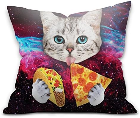 LIULIUS 18 Inch Space Nebula Universe Cat Eat Pizza Cotton &amp; Polyester Pillow Cover Soft Square Throw Pillowcase (Twin Side)