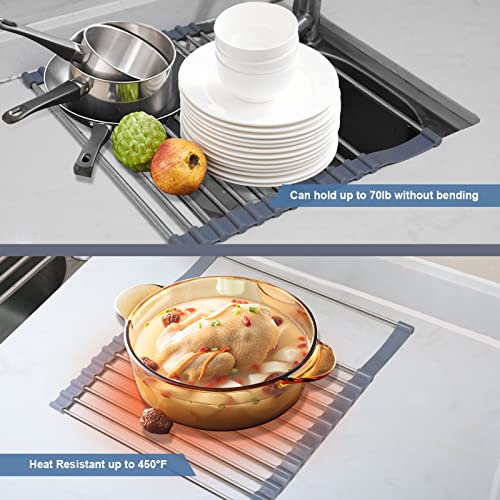 Expandable Roll up Dish Drying Rack - Over The Sink Drying Rack with 2 Utensil Racks, Multipurpose SUS304 Stainless Steel Roll up Sink Rack, for Cups Fruits Vegetables Tableware. Dishwasher Safe