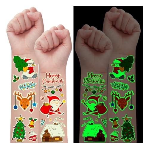 Partywind 28 Sheets Luminous Christmas Temporary Tattoos for Kids, 270 Styles Glow Christmas Kids Stocking Stuffers for Boys Girls, Snowman Snowflakes Santa Decorations for Xmas Holiday