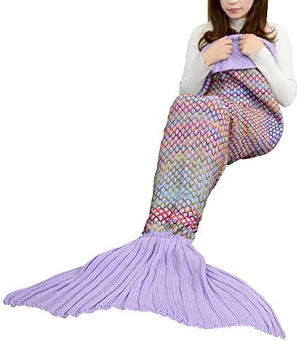 SZXKT Mermaid Tail Blanket Christmas gift For Kids Teens Adult Handmade Wave Mermaid Blankets Crochet Knitting Blanket Seasons Warm Soft Living Room Sleeping Bag Best Birthday gift (Pale purple)