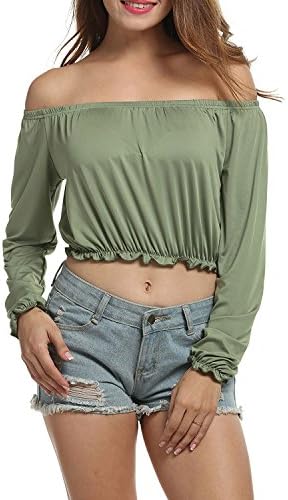 LZMY Womens Sexy Long Sleeve Off Shoulder Crop Top Blouses (One Size, Army Green)