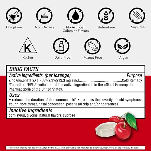 COLD-EEZE NATURAL CHERRY ZINC LOZENGES, HOMEOPATHIC COLD REMEDY, REDUCES DURATION OF THE COMMON COLD, SORE THROAT, COUGH, CONGESTION, AND POST NASAL DRIP, 25 COUNT