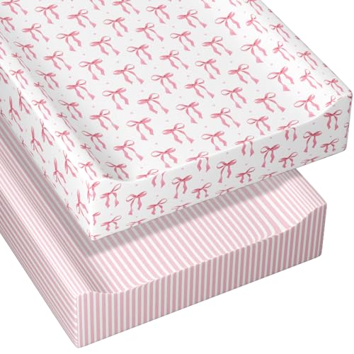 Peryiter 2 Pack Pink Bow Baby Changing Pad Cover Changing Table Cover for Girls Coquette Fitted Sheets 32'' x 16