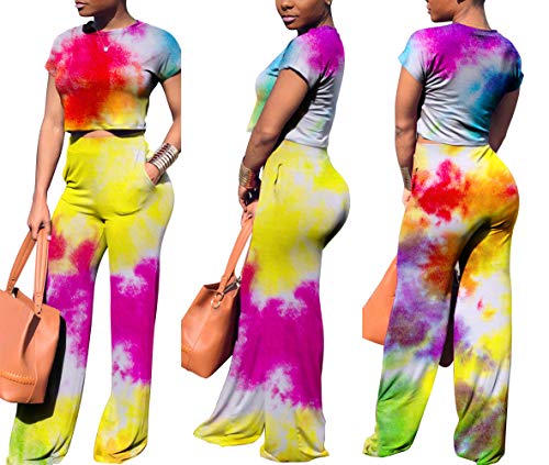 Women Tie Dye Print Round Neck Short Sleeve Crop T-Shirt Top 2 Piece Long Jumpers