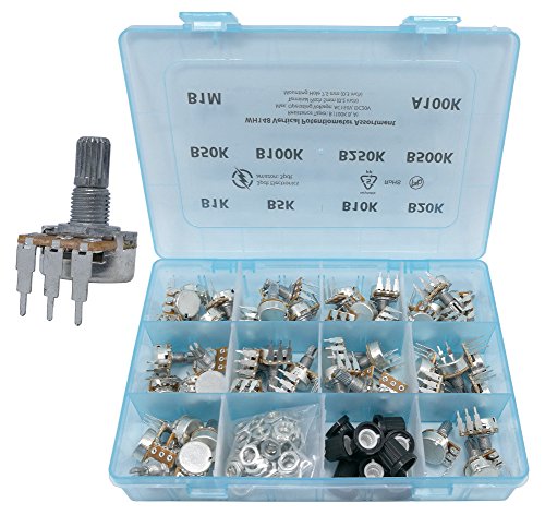 Potentiometer Assortment 48 pcs 10 values 1K 5K 10K 20K 50K 100K 250K 500K 1M vertical terminals linear B and audio Logarithmic A100K