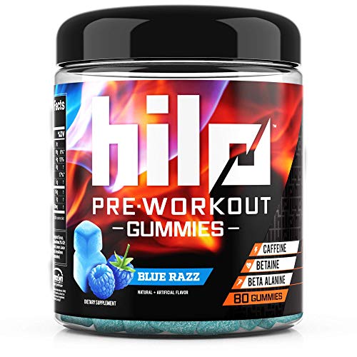 Hilo Pre Workout Gummies - Pre Workout Supplements with Caffeine, Beta Alanine and Betaine - Blue Razz Flavor, 80 Count
