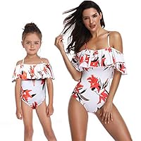 KABETY Mother Daughter One Piece Swimsuits Family Mommy Girls Matching Swimwear (Mom S, Orange Lily)