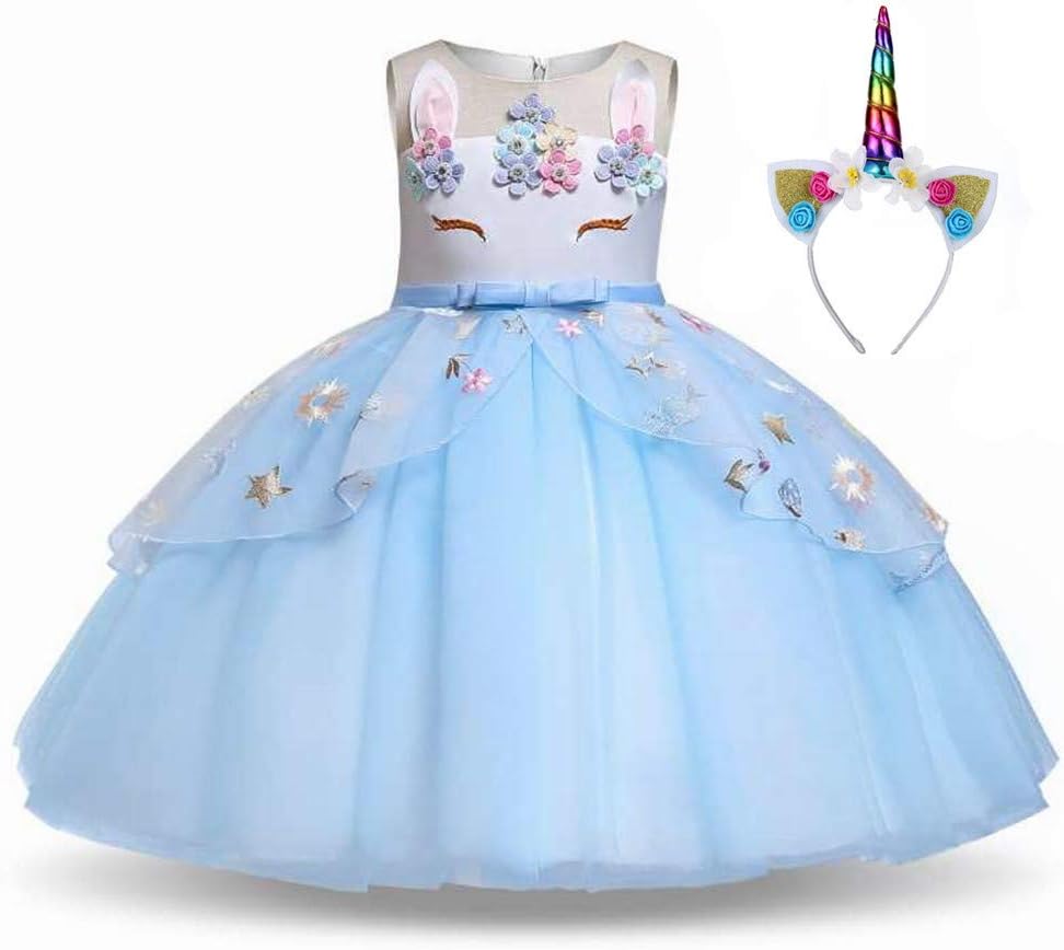 Girls Unicorn Fancy Dress Costume & Headband - Princess Costumes for Girls Party Dress Up, Birthday, Halloween and Christmas, Age 2-10 Years