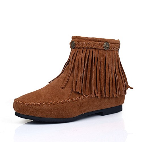 VogueZone009 Womens Closed Round Toe Low Heels Short Plush Solid Boots with Heighten Inside and Tassels, Yellow, 4.5 B(M) US VogueZone009 Womens Closed Round Toe Low Heels Short Plush Solid Boots with Heighten Inside and Tassels, Yellow, 4.5 B(M) US