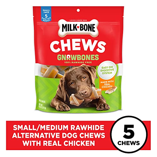MILK-BONE CHEWS GNAWBONES RAWHIDE FREE DOG TREATS, CHICKEN, 5 LONG LASTING SMALL/MEDIUM KNOTTED BONES