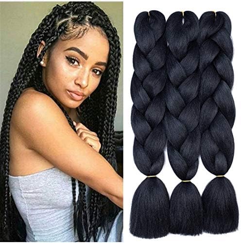 Black Jumbo Braids Hair Extensions 1B Color 24 Inches 100g/pc Kanekalon Fiber Braiding Hair(3pcs,Black)