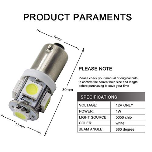 Yolu 2pcs LED Car Lights Bulbs BA9 BA9S 5SMD Super Bright White Turn Signal Light Bulbs 53 57 182 257