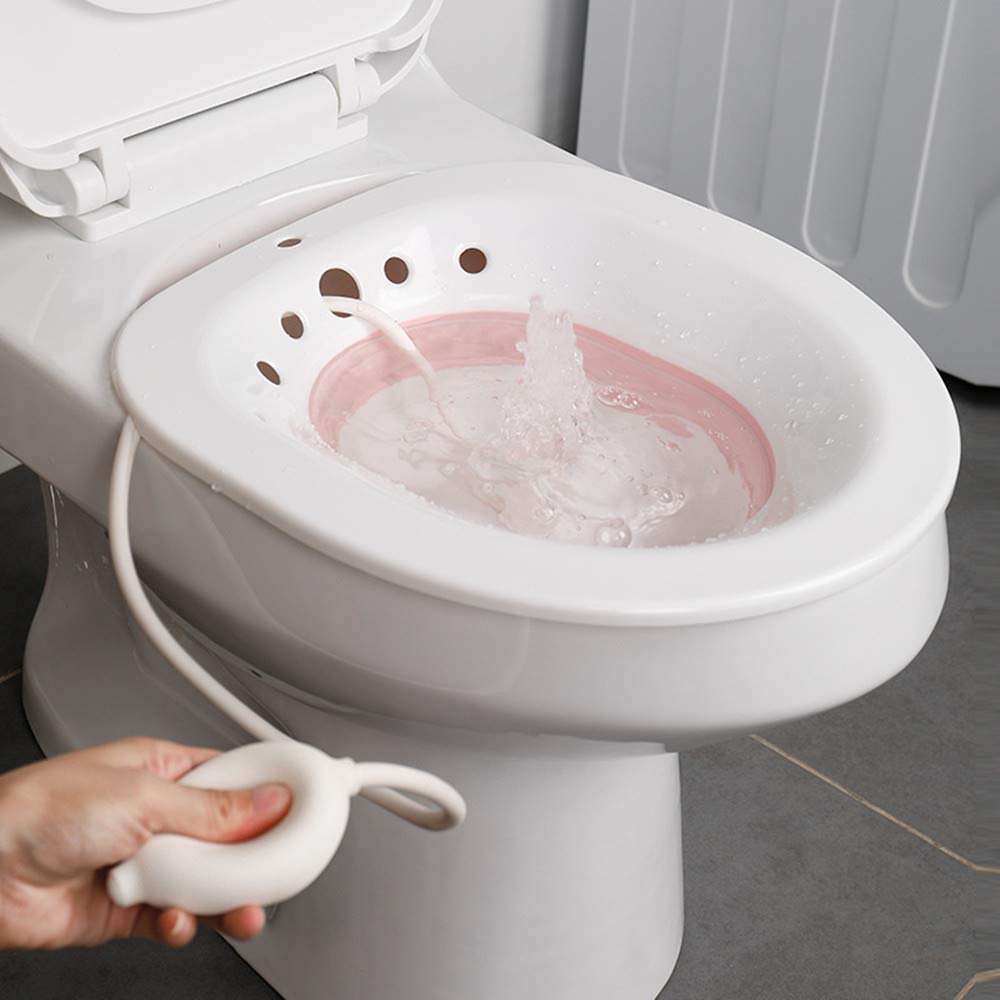Sitz Bath for Toilet Seat,Foldable Sitz Bath,Sitz Bath Foldable with Flusher,Sitz Bath Over The Toilet,for Hemorrhoids and Perineum Treatment,Alleviate Vaginal or Anal Inflammation (White&Pink)