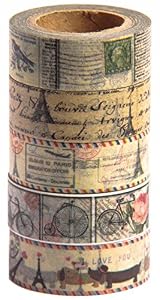 Image of Antique Vintage Washi Tape Set (Japanese Masking Tape) by MIKOKA, 0.6 Inches Wide, 32.8 Feet Long, 5 Rolls - Antique Bright
