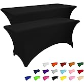 IVAPUPU 2 Pack 4FT Black Table Cloth for Rectangular Spandex Table Cover | Fitted Events Stretch Covers Washable Spandex Tablecloth Protector for Party, Wedding, Cocktail, Banquet, Festival
