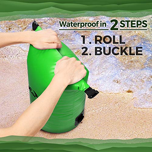 EcoEarth Waterproof Dry Bag (30L, Green) - Roll Top Compression Dry Sack with Waist Straps Keeps Gear Dry for Kayaking, Beach, Rafting, Boating, Hiking, Camping, and Fishing with Waterproof Phone Case