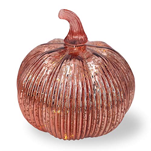 Hvfun Rosegold Thanksgiving Decorative Artificial Pumpkins-Mercury Glass Light up Pumpkin with Timer- Table Centerpieces for Home Decor