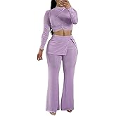 HWP Pants Sets Women 2 Piece Sexy Club Outfits Long Sleeve Ruched Crop Top Wide Leg Pants Matching Vacation Travel Set