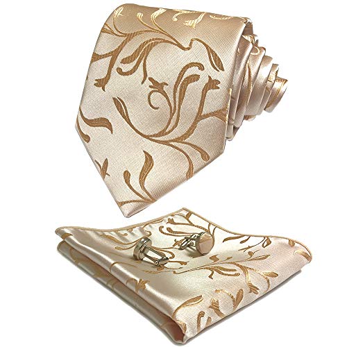 CANGRON Men Champagne Gold Floral Tie Set Necktie with Pocket Square Cufflinks Giftbox LSH8JS