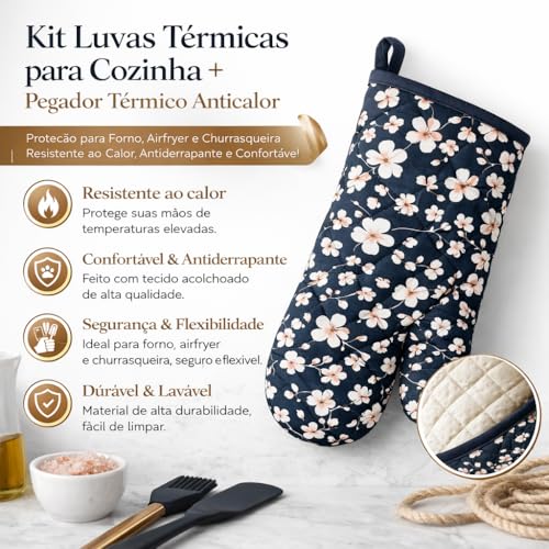 Luva Térmica para Cozinha + Pegador Térmico Anticalor | Proteção para Forno, Airfryer e Churrasqueira | Resistente ao Calor, Antiderrapante, Confortável e Qualidade Premium
