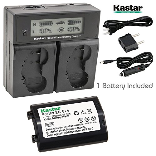 Kastar LCD Dual Smart Fast Charger & Battery (1 PACK) for Nikon EN-EL4, EN-EL4A, ENEL4, ENEL4A and Nikon D2Z, D2H, D2Hs, D2X, D2Xs, D3, D3S, D3X, F6 Camera, Nikon MB-D10, D300, D300S, D700, MB-40 Grip