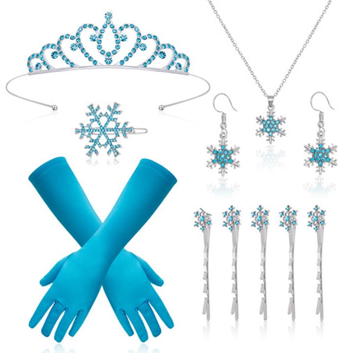 HOWAF Princess Elsa Costume Women, Princess Crown Tiara, Blue Long Gloves, Snowflake Hair Clips, Necklace, Earrings for Halloween Costume Women