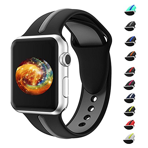 The band for Apple watch band, Wanhua 38mm/42mm Soft Silicone Strap Replacement iWatch Bands for Apple Wristbands Series 3 Series 2 Series 1 Nike+(42mm, Black & Gray)