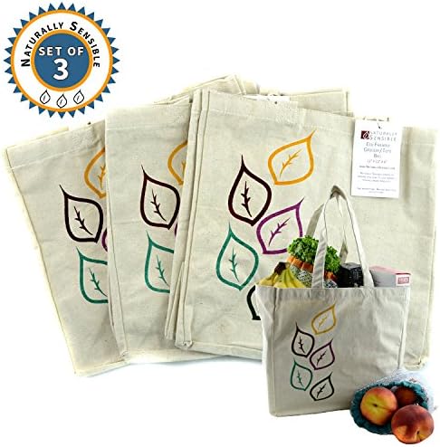 The Original Eco Friendly Washable and Reusable Grocery Shopping Tote Bags - 3 Pack - Soft Premium Heavy Duty Durable Muslin Large - 12x12x8in - Set of 3 | By Naturally Sensible