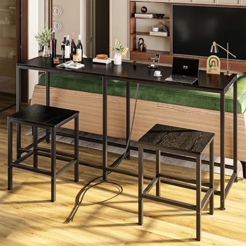 Simple Wisdom Barra Desayunador para Cocina,Barra de Cocina Convertible en Forma de L con Tomas de Corriente,Barras para Cocinas Pequeña de 3 Piezas y 2 Taburetes,Juego de Mesa de Bar(Color Negro)