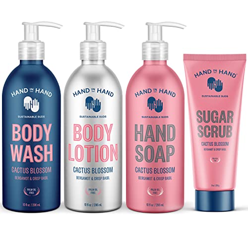 Hand in Hand Body Wash, Body Lotion, Liquid Hand Soap, and Sugar Scrub