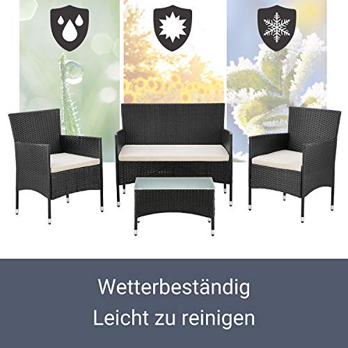 Juskys Polyrattan Sitzgruppe Fort Myers 4 Personen mit 2er Sofa, 2 Stühle, Tisch & Sitzkissen wetterfest schwarz/Creme Balkonmöbel Gartenmöbel Set – Bild 5