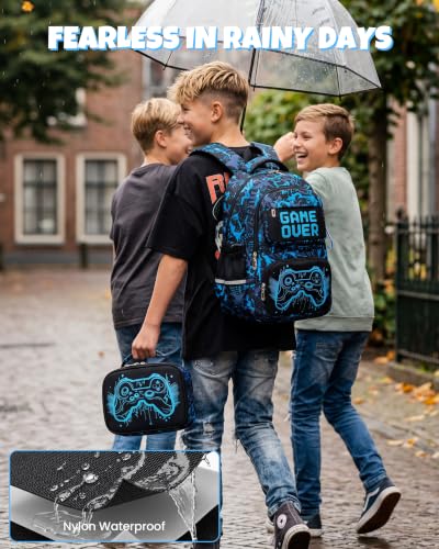 Amythe 3-Piece Luminous Backpack for Boys and Girls, Waterproof Durable School Bag, Children's School Bag with Lunch Bags and Large Capacity Pencil Case for Travel, Blue