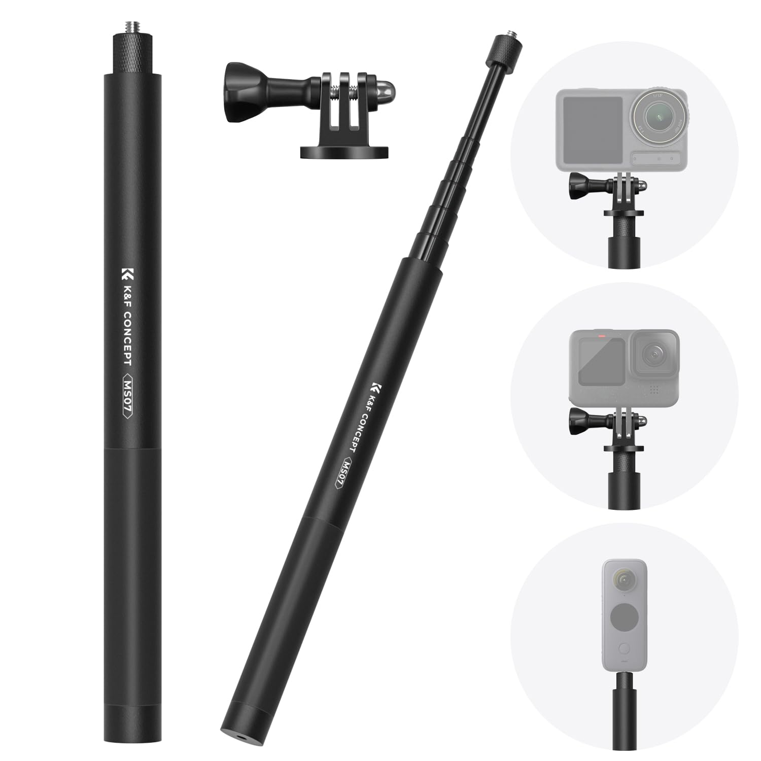 K&F CONCEPT 153cm/60" Invisible Selfie Stick compatiable with GoPro hero 13, Insta360 x5, DJI Osmo Action 5, 1/4" Extended Monopod Pole with Action Camera Adapter MS07