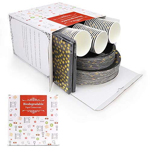 Black and Gold Party Supplies - 200PCS Disposable Black Paper Plates Dinnerware Set Gold Dots 50 Dinner Plates 50 Dessert Plates 50 9oz Cups 50 Napkins Wedding Birthday Party Baby Shower Christmas