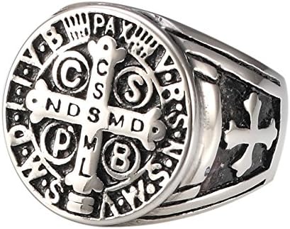 Men's Stainless Steel St Benedict Exorcism Ring Demon Protection Ghost Hunter Cross Ring