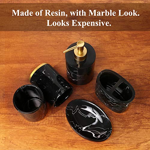 Bathroom Accessories Set, 5 Piece Decorative Marble Collection Bath Accessory Set, Includes Toothbrush Holder, Liquid Soap Dispenser, Soap Dish, 2 Tumblers, Ink Black