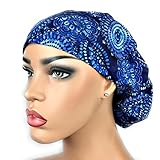 Women’s Surgical Scrub Cap Nurse Ponytail Adjustable Euro Bouffant Blue Medallions DK Scrub Hats