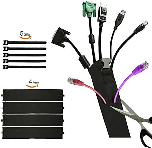 Cable Sleeves-Cord Management Cable Management Sleeve 19" Flexible Wire Sleeve with Zipper &amp; Buckle Perfect Protector for Computer, TV, Desk, Home, Office 4 Pack-Black