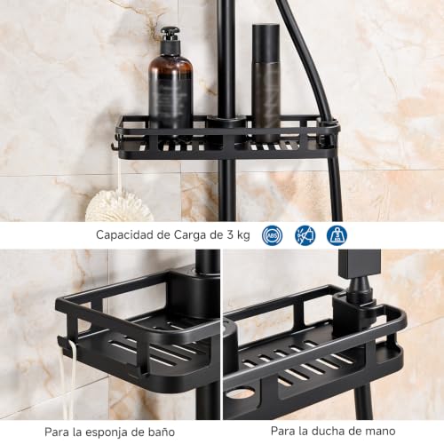 Auralum Columna Ducha Sin Grifo, Rociador de Ducha 25x25cm Acero Inoxidable 304, Alcachofa Ajustable y Estante Sin Taladro, Barra Ducha 62-102cm Compatible Orificios Existentes para Bañera, Negro