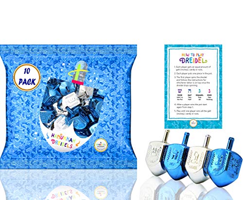 The Dreidel Company 10-Pack Hanukkah Plastic Silver & Blue Metallic Dreidels with English Translation, Spinning Tops Includes Dreidel Game Instruction Card