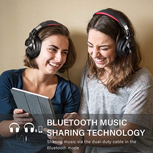 OneOdio A70 Bluetooth Over Ear Headphones, Studio Headphones with Shareport, Foldable, Wired and Wireless Professional Recording Headphones with Stereo Sound for Electric Drum Piano Guitar Amp (Red)